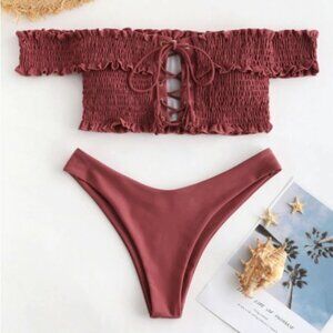 Zaful mahogany Shirred Lace Up Bardot Cheeky Bikini Set size M